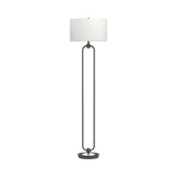 Contemporary Industrial Floor Lamp with White Linen Drum Shade and Stylish Orb Base Design