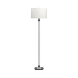 Contemporary Industrial Floor Lamp with White Linen Drum Shade and Stylish Orb Base Design