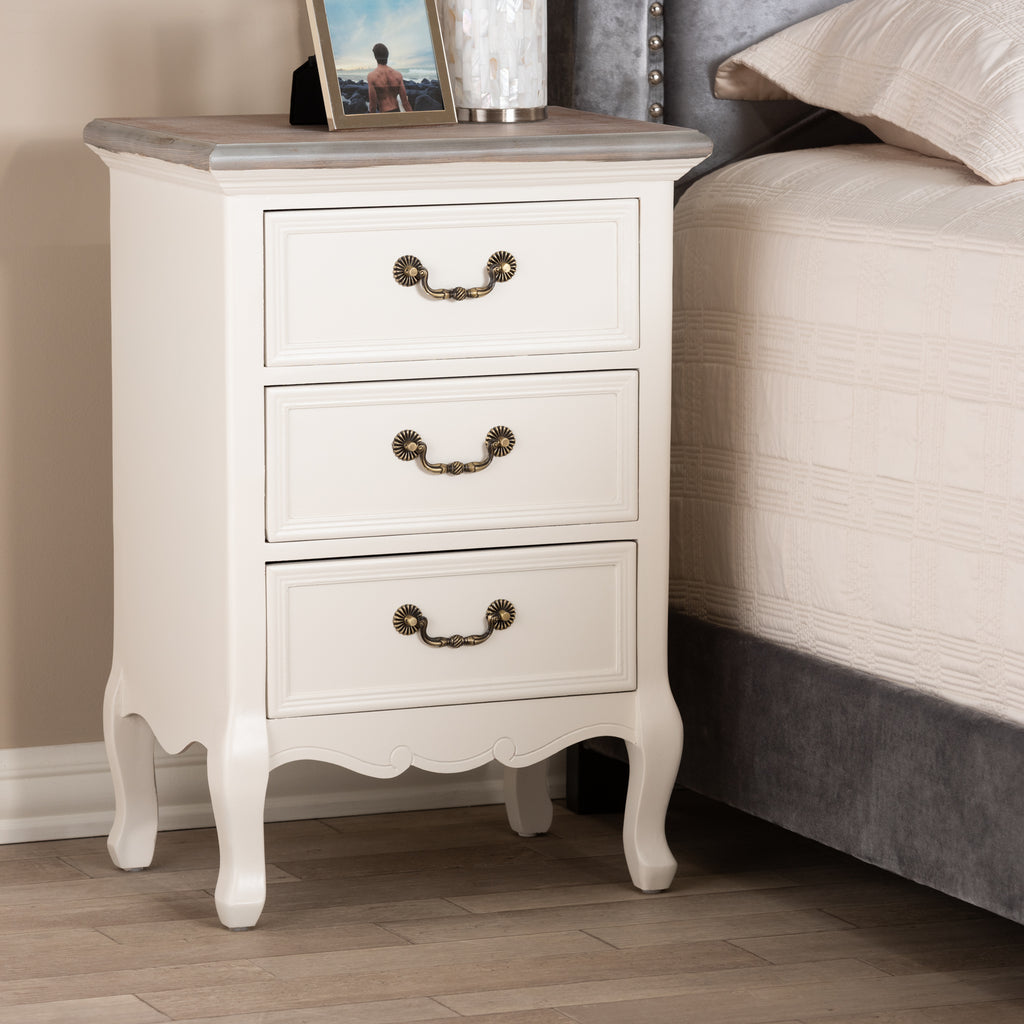 Baxton Studio Capucine Antique French Country Cottage Two Tone Natural Whitewashed Oak and White Finished Wood 3-Drawer Nightstand
