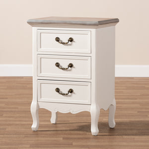 Baxton Studio Capucine Antique French Country Cottage Two Tone Natural Whitewashed Oak and White Finished Wood 3-Drawer Nightstand