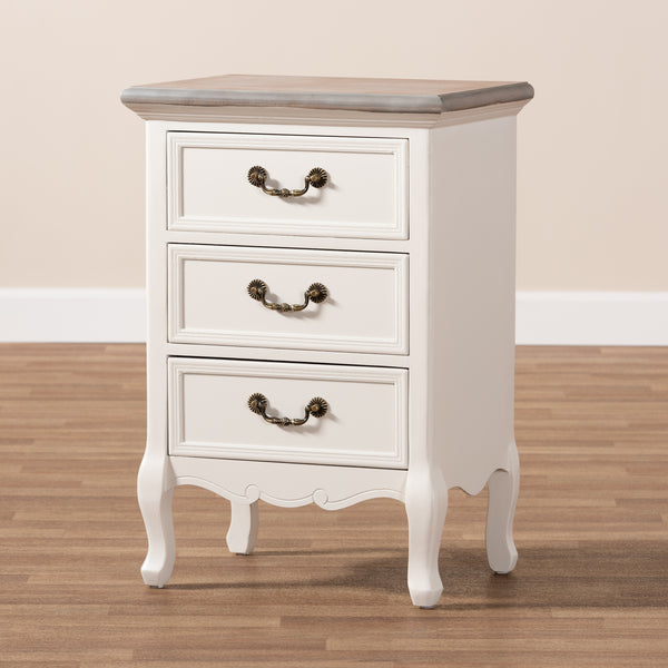 Baxton Studio Capucine Antique French Country Cottage Two Tone Natural Whitewashed Oak and White Finished Wood 3-Drawer Nightstand