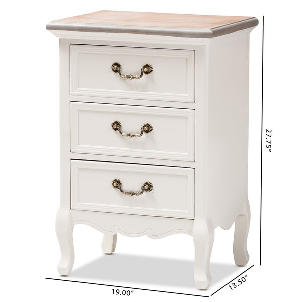 Baxton Studio Capucine Antique French Country Cottage Two Tone Natural Whitewashed Oak and White Finished Wood 3-Drawer Nightstand