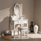 Baxton Studio Veronique Traditional French Provincial White Finished Wood 2-Piece Vanity Table with Mirror and Ottoman