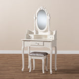 Baxton Studio Veronique Traditional French Provincial White Finished Wood 2-Piece Vanity Table with Mirror and Ottoman