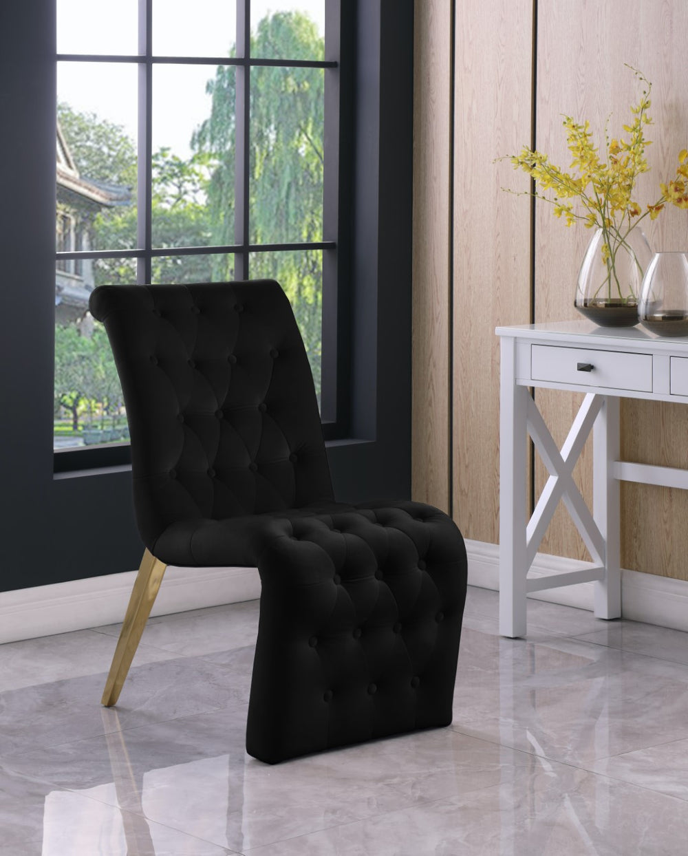 Curve Velvet / Iron / Engineered Wood / Foam Contemporary Black Velvet Dining Chair - 19.5" W x 30" D x 36.5" H