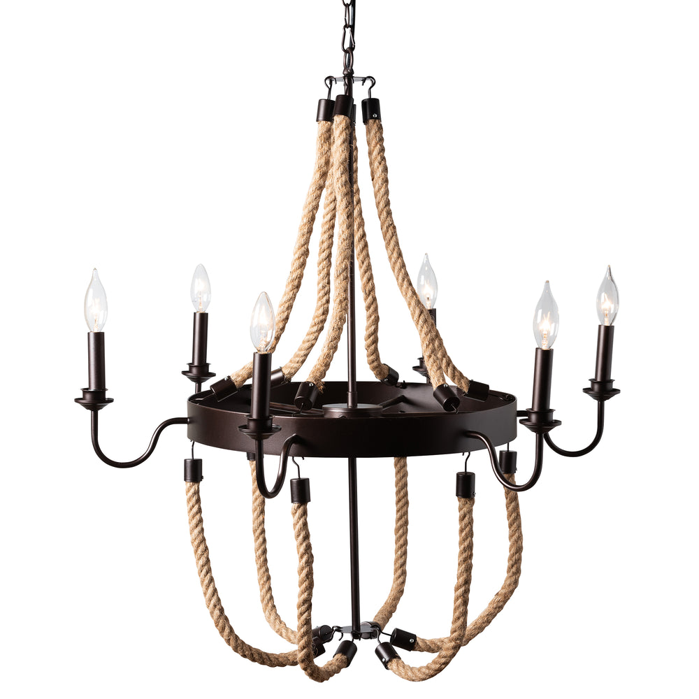 Baxton Studio Cassia Vintage Industrial Antique Style Hemp and Dark Bronze Metal 6 Light Chandelier