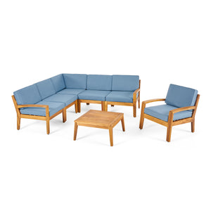 Noble House Grenada Outdoor Acacia Wood 6 Seater Sectional Sofa and Club Chair Set with Coffee Table, Teak and Blue