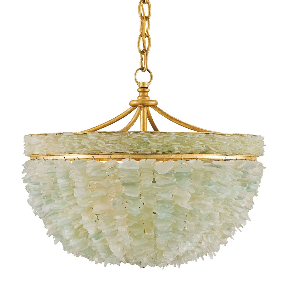 Bayou Pendant Light - Luxurious Gold Leaf Fixture with Aquamarine Sea-Glass for Coastal Elegance