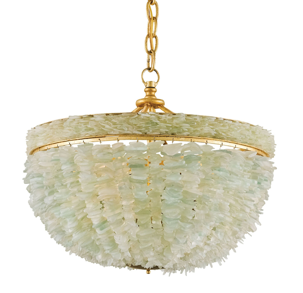 Bayou Pendant Light - Luxurious Gold Leaf Fixture with Aquamarine Sea-Glass for Coastal Elegance