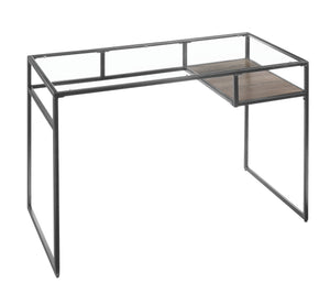 Yasin Industrial Writing Desk Clear Glass Top • Metal • Wood Shelf  92588-ACME