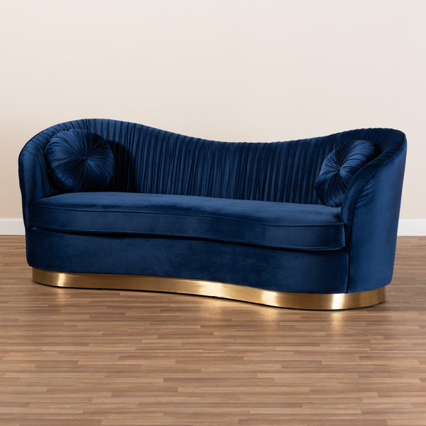 Baxton Studio Nevena Glam Royal Blue Velvet Fabric Upholstered Gold-Finished Sofa