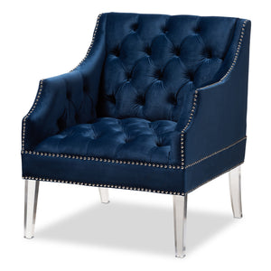 Baxton Studio Silvana Modern and Contemporary Navy Velvet Fabric Upholstered Lounge Chair with Acrylic Legs