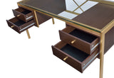 Yumia Contemporary Writing Desk Glass Top • Gold Metal Tube Base (Powder Coating) • Espresso Wood Drawer 92785-ACME