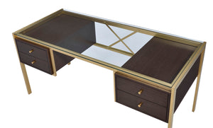 Yumia Contemporary Writing Desk Glass Top • Gold Metal Tube Base (Powder Coating) • Espresso Wood Drawer 92785-ACME