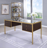 Yumia Contemporary Writing Desk Glass Top • Gold Metal Tube Base (Powder Coating) • Espresso Wood Drawer 92785-ACME