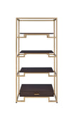 Yumia Contemporary Bookshelf Glass Top • Gold Metal Tube Base (Powder Coating) • Espresso Wood Drawer & Shelf 92787-ACME