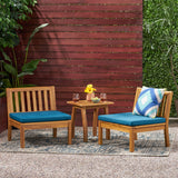 Yadira Outdoor Acacia Wood Chat Set with Side Table, Teak and Dark Teal Noble House