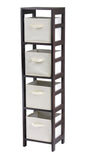 Capri 5-Piece Storage Set, 4-Section Narrow Shelf & 4 Foldable Beige Fabric Baskets, Espresso