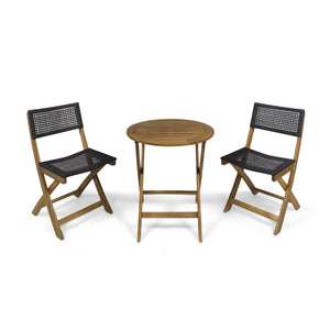 Hillside Outdoor 3 Piece Wood and Wicker Foldable Bistro Set, Teak and Brown Noble House