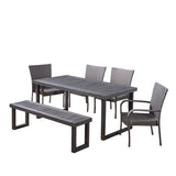 Nestor Outdoor 6-Seater Aluminum Dining Set with Wicker Chairs and Bench