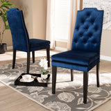 Baxton Studio Dylin Modern and Contemporary Navy Blue Velvet Fabric Upholstered Button Tufted Wood Dining Chair Set of 2