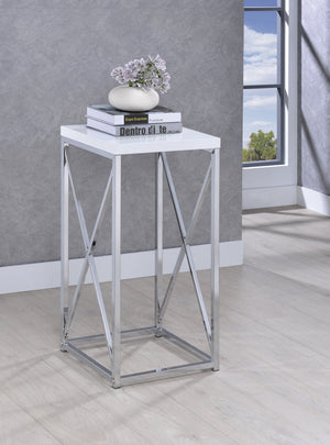 Contemporary Accent Table with X-cross Glossy White and Chrome