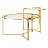 Contemporary 2-Piece Nesting Table Set with Clear Tempered Glass and Gold Electroplated Base Elegance