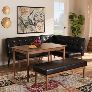 Baxton Studio Arvid Mid-Century Modern Dark Brown Faux Leather Upholstered 4-Piece Wood Dining Nook Set