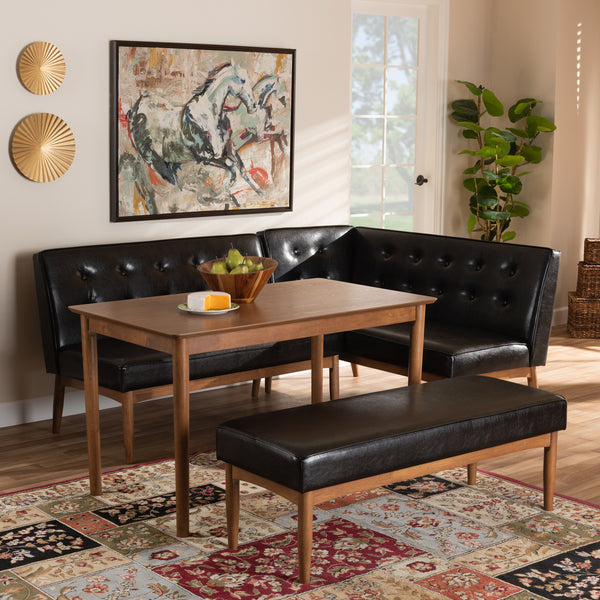 Baxton Studio Arvid Mid-Century Modern Dark Brown Faux Leather Upholstered 4-Piece Wood Dining Nook Set