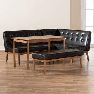 Baxton Studio Arvid Mid-Century Modern Dark Brown Faux Leather Upholstered 4-Piece Wood Dining Nook Set