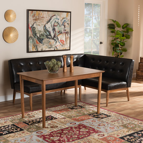 Baxton Studio Arvid Mid-Century Modern Dark Brown Faux Leather Upholstered 3-Piece Wood Dining Nook Set