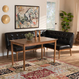 Arvid Mid-Century Modern Dark Brown Faux Leather Upholstered 3-Piece Wood Dining Nook Set