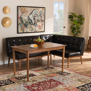 Baxton Studio Arvid Mid-Century Modern Dark Brown Faux Leather Upholstered 3-Piece Wood Dining Nook Set