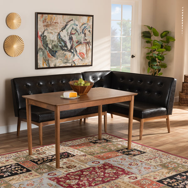 Baxton Studio Arvid Mid-Century Modern Dark Brown Faux Leather Upholstered 3-Piece Wood Dining Nook Set