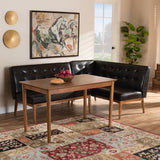 Baxton Studio Arvid Mid-Century Modern Dark Brown Faux Leather Upholstered 3-Piece Wood Dining Nook Set