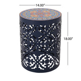 Castana Outdoor Lace Cut Side Table with Tile Top, Dark Blue and Multi-Color Noble House