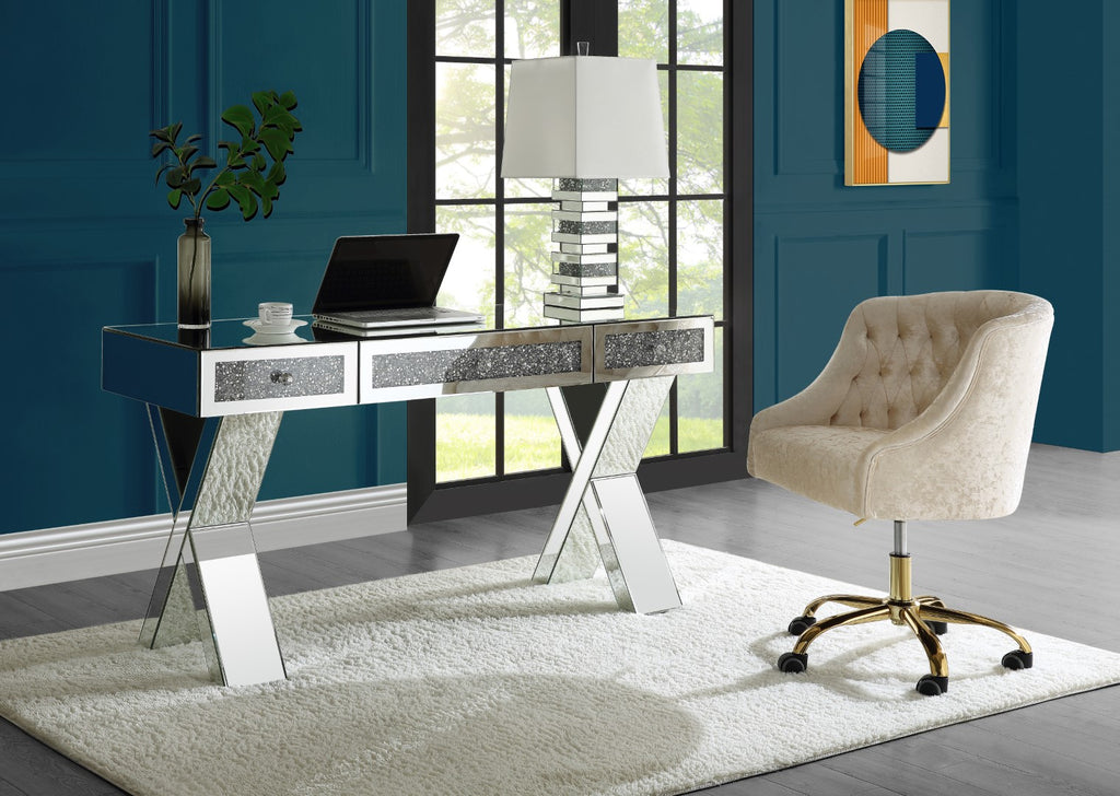 Noralie Glam Writing Desk Clear Glass, Mirrored & Faux Diamonds 93116-ACME