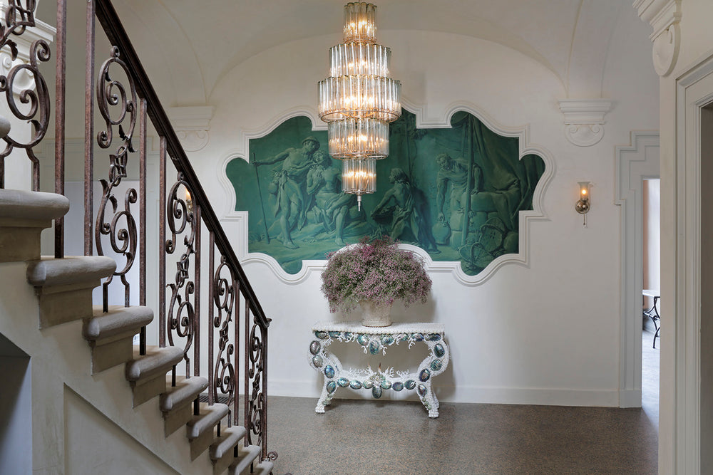 Bevilacqua Large Chandelier - Stunning Silver Leaf Design with Recycled Glass Flutes for Elegance