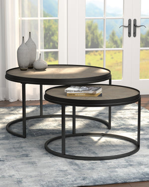 Country Rustic 2-Piece Round Nesting Tables with Weathered Elm Top & Industrial Black Frame Style