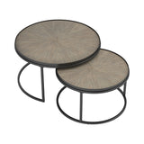 Country Rustic 2-Piece Round Nesting Tables with Weathered Elm Top & Industrial Black Frame Style