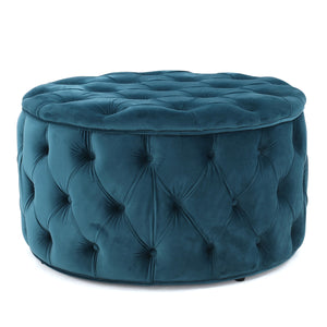 Zelfa Modern Glam Tufted Velvet Round Ottoman, Dark Teal and Black Noble House