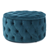 Zelfa Modern Glam Tufted Velvet Round Ottoman, Dark Teal and Black Noble House