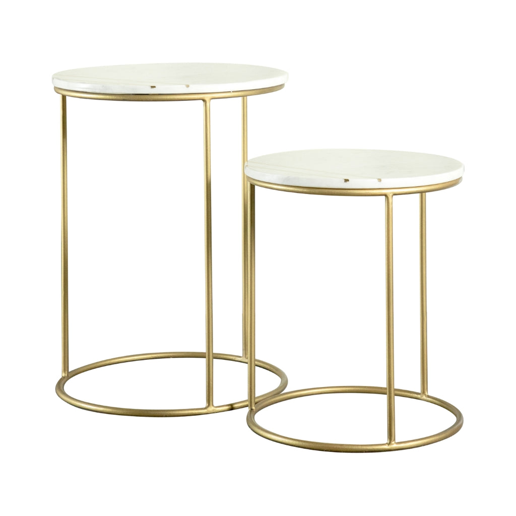 Contemporary 2-piece Round Marble Top Nesting Tables White and Gold