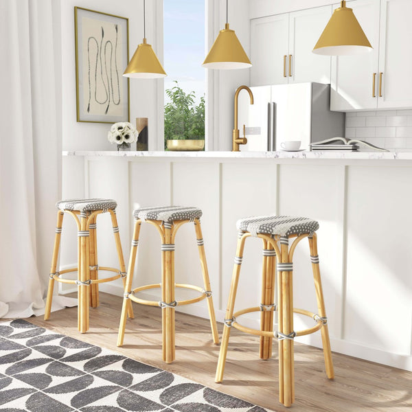 Butler Specialty Tobias 30" Damask Grey striped Round Rattan Bar Stool 9370144