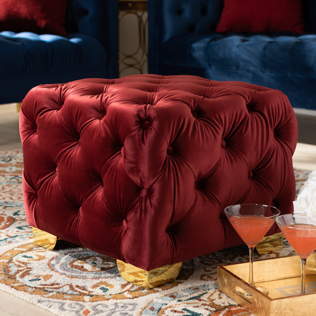 Baxton Studio Avara Glam and Luxe Burgundy Velvet Fabric Upholstered Gold Finished Button Tufted Ottoman