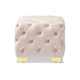 Baxton Studio Avara Glam and Luxe Light Beige Velvet Fabric Upholstered Gold Finished Button Tufted Ottoman