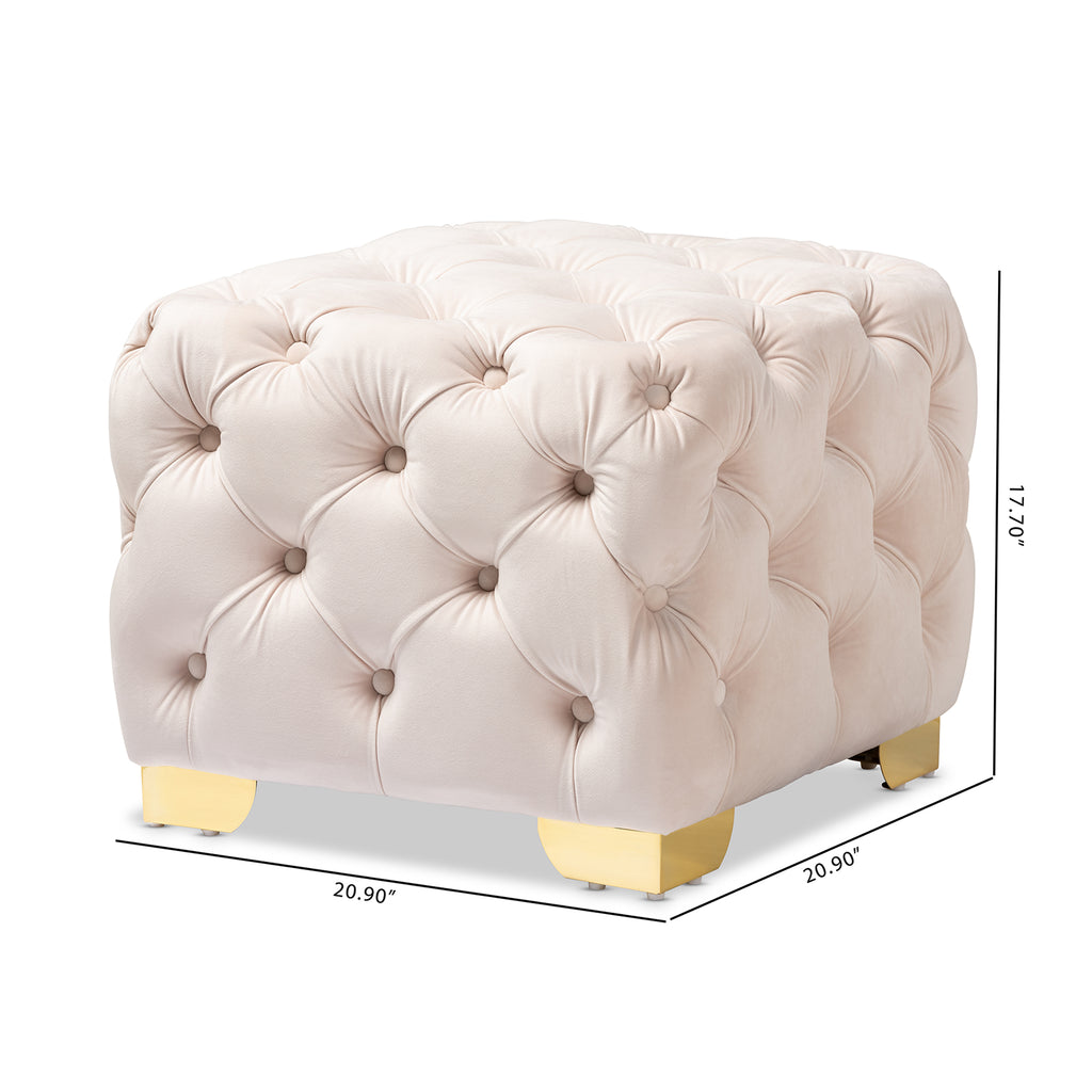 Baxton Studio Avara Glam and Luxe Light Beige Velvet Fabric Upholstered Gold Finished Button Tufted Ottoman