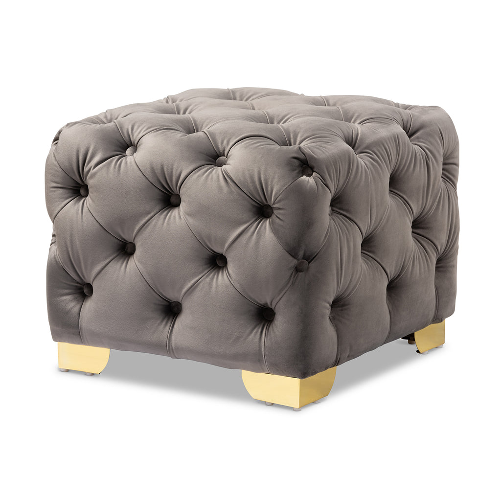 Baxton Studio Avara Glam and Luxe Gray Velvet Fabric Upholstered Gold Finished Button Tufted Ottoman