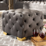 Baxton Studio Avara Glam and Luxe Gray Velvet Fabric Upholstered Gold Finished Button Tufted Ottoman