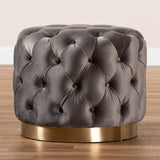 Baxton Studio Valeria Glam Gray Velvet Fabric Upholstered Gold-Finished Button Tufted Ottoman